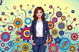 Image shows a woman with a blazer and trousers, her thumbs casually in her pockets and smiling into the camera. Behind her, there are lines and wheels to indicate connections in a community.