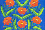 a vertically rectangular painting of eight red poppies in naïve art (primitivism) style. the poppies are symmetrically arranged to take over the majority of the space. they have contrasting sharp-edged light-green dark-green leaves at the base of their stems, and new poppies are budding from the stems as well. the background is solid medium blue and the vase is red with organic pink and white oblong shapes on it.