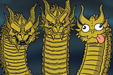 The Dragon with three heads meme: the Left dragon looks aggressively dangerous, Middle dragon looks contemplatively dangerous, the Right dragon head looks derpy (poorly animated with tongue lolling out and eyes pointing different directions).