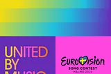 Eurovision 2024 promotional graphic; sorted into top half box (strips of yellow/green/blue gradients), bottom left corner box (“UNITED BY MUSIC” motto in yellow/orange/pink/red gradient font on purple background), and bottom right corner box (Eurovision 2024 logo on purpleish-pink background)