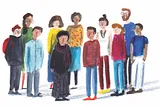 a sketchy and loose illustration style colourfully depicts a mixed group of people standing in a group