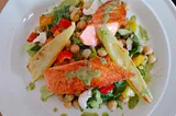 Chickpea, Peppers and Trout Salad with a Creamy Dill Dressing.