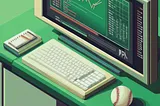 Retro-style computer on a green desk displaying baseball stats and charts, with a keyboard, notebook, and baseball nearby.