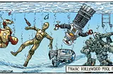 Comic illustration of a swimming pool as seen from beneath the surface. Famous Hollywood robots from Star Wars and other movies and TV shows hold party drinks as they are sinking in the water because they are made of metal. The caption reads: Tragic Hollywood Pool Party.