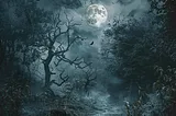 The edge of The Fringe under a full moon showing gnarled, twisted trees, an over-grown path, and bats flying in the moon light.