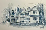 Watercolor sketch of a historic building created with Payne’s Grey