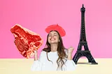 A lady in a beret in front of the Eiffel Tower holding a giant steak