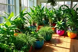 A vibrant indoor garden filled with lush green plants in various sizes, nestled in colorful LECA balls, with sunlight streaming through a large window, casting playful shadows on a wooden floor.