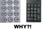 A comparison of a traditional phone keypad with multiple letters per button and a modern numeric keypad.