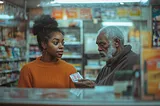 This twenty-something year old Black woman, store attendant, is looking from behind the counter and plexiglass screen, into the bodega at an old weathered Black man handing her a lottery ticket.