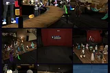 A collage of VRChat event photos from the filming workshop featuring attendees spectating as the host Khangaluwu coordinates two actors to show how he shoots a scene and makes use of a mode to turn his avatar invisible and keep it out of the shot without impacting the rendering layers further like disabling the camera’s player mask layer sometimes might.