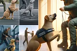 Photorealistic image showing various stages of service dog training, including a dog practicing basic commands, undergoing advanced training for specific tasks like guiding a visually impaired person, and assisting its handler in a public setting, highlighting the progression and partnership in training.