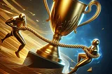 AI-generated art of a golden trophy with two figures below it engaged in a tug of war.