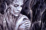 Fantasy artwork showing a woman entwined with roots
