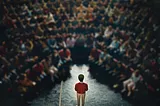 A person standing in the spotlight on stage, in front of a large audience at an all hands meeting.