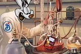 A lab-coated scientist in a chem lab filled with retorts, glassware, etc. The image has been modified. The scientist’s head has been replaced with the head of the Trix rabbit, and his labcoat now has a General Mills logo patch stitched onto the shoulder. The contents of his main beaker have been replaced with a floating Cocoa Puffs logo.