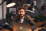 AI Photo of a man staring at the camera with lights in the background. This photo portrays the subject at home in effort to depict a photo of him remotely working. The photo is generated by JustYourInfo.