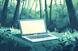 A laptop sat in serene woods.
