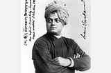 Photo of Swami Vivekananda in Chicago in 1893 with the handwritten words “one infinite pure and holy — beyond thought beyond qualities I bow down to thee”