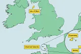 A map showing the locations of Jersey, Guernsey and the Isle of Man in relation to the British Isles