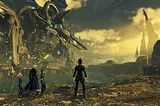 The main adventuring party in Xenoblade Chronicles 3 stands on a large cliff overlooking a river. A giant robot and clouds loom in the distance.