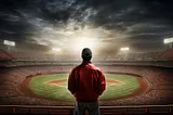 Young man standing, looking at fog-swirled baseball stadium.