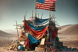 A bunker created by DALL-E. Prompt: a bunker in a desert environment as if it had been built by a child, with the United States flag as a symbol of pride and patriotism.