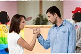 Church couple argues. Behind them Hippie and MAGA Jesus argue as well.