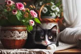 A black and white cat resting near a pot of flowers