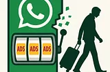 IMAGE: A green WhatsApp icon morphs into a slot-machine labelled “ADS” while a silhouetted traveller wheels a suitcase away