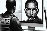 Black and white pencil sketch illustrating facial recognition technology in law enforcement, highlighting privacy and training concerns.