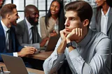 A white male dressed in corporate attire sitting along staring off while his coworkers talk and laugh in the background