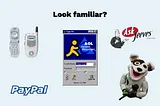 A photo collage showing artifacts of the dot com era — old cell phones, AOL’s login pop-up, Ask Jeeves logo, Pets.com sock puppet, and PayPal’s original logo