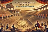 Illustration of gladiators preparing for battle in the Roman Colosseum, with a roaring crowd and ancient architecture, setting the scene for Gladiators Battle.