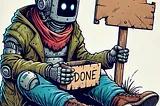 IMAGE: A comic-style illustration of a desperate robot dressed as a homeless person and begging for money