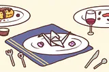 An illustration of various strange dishes, including a corn cob covered in chocolate and an origami crane on a plate.