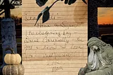 Image of a letter the author received from her mother before Thanksgiving and her untimely death. An angel weeps with her head in her hands admist a background of the sun setting over a cemetary. A rose is being dropped much like the practice of dropping roses onto caskets. The bottom reads, “give thanks”