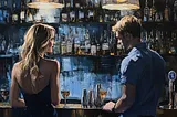 A man and woman standing at a bar