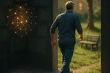Photorealistic 3D tilt-shift diorama: Miniature man steps out of a dim, complex ‘escape room’ zone into a bright, warm miniature garden with trees and a bench, symbolizing escaping work intensity for grounded reality
