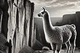 An AI rendering in black and white of a Llama standing near a cliff