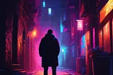 A shadowy figure standing at the entrance of a dark alleyway, with the neon lights of the city in the background, creating a contrast between the vibrant city and the hidden, mysterious world Sanjay is entering