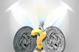 Graphically modified illustration of two silver coins beside each other under a spotlight with the words Heads on the left coin, and Tails on the coin to the right. There is a figure of a human sitting on top of a large yellow question mark between the two coins