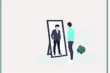 This picture shows a young man in a trainer looking at himself in the mirror wearing a suit. The image represents a step forward at work.
