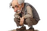 Computer generated image of an old man crouching.