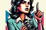 A colorful, AI-generated illustration of a female journalist, holding a camera in her left hand, extending her right index finger in gesture.