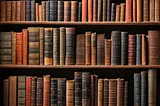 Bookshelf filled with dusty, antique books.