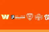 the logos of the Capitals, Capital City Go Go, Commanders, DC Shadow Pro Ultimate, DC United, Mystics, Nationals, Spirit and Wizards on an orange background.