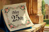 Computer-generated painting of a calendar page that reads “May 25th” with an antique view in the background