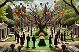 Cemetery scene: Mourners beside a coffin with balloons and streamers floating overhead