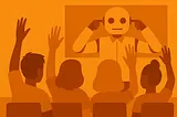 Silhouetted digital illustration in orange tones depicting a classroom where four students raise their hands while a humanoid robot at the front covers its ears. The robot symbolizes AI’s refusal to engage with student voice or dialogue.